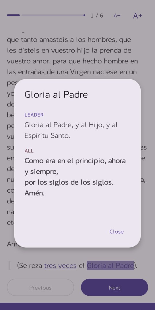 Diálogo del Gloria al Padre con la parte del guía y la respuesta de todos en negrita