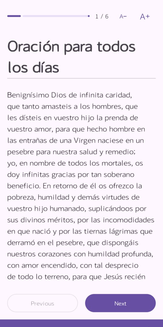 Pantalla de lectura con la Oración para todos los días, el avance 1 de 6 y botones para cambiar el tamaño de letra